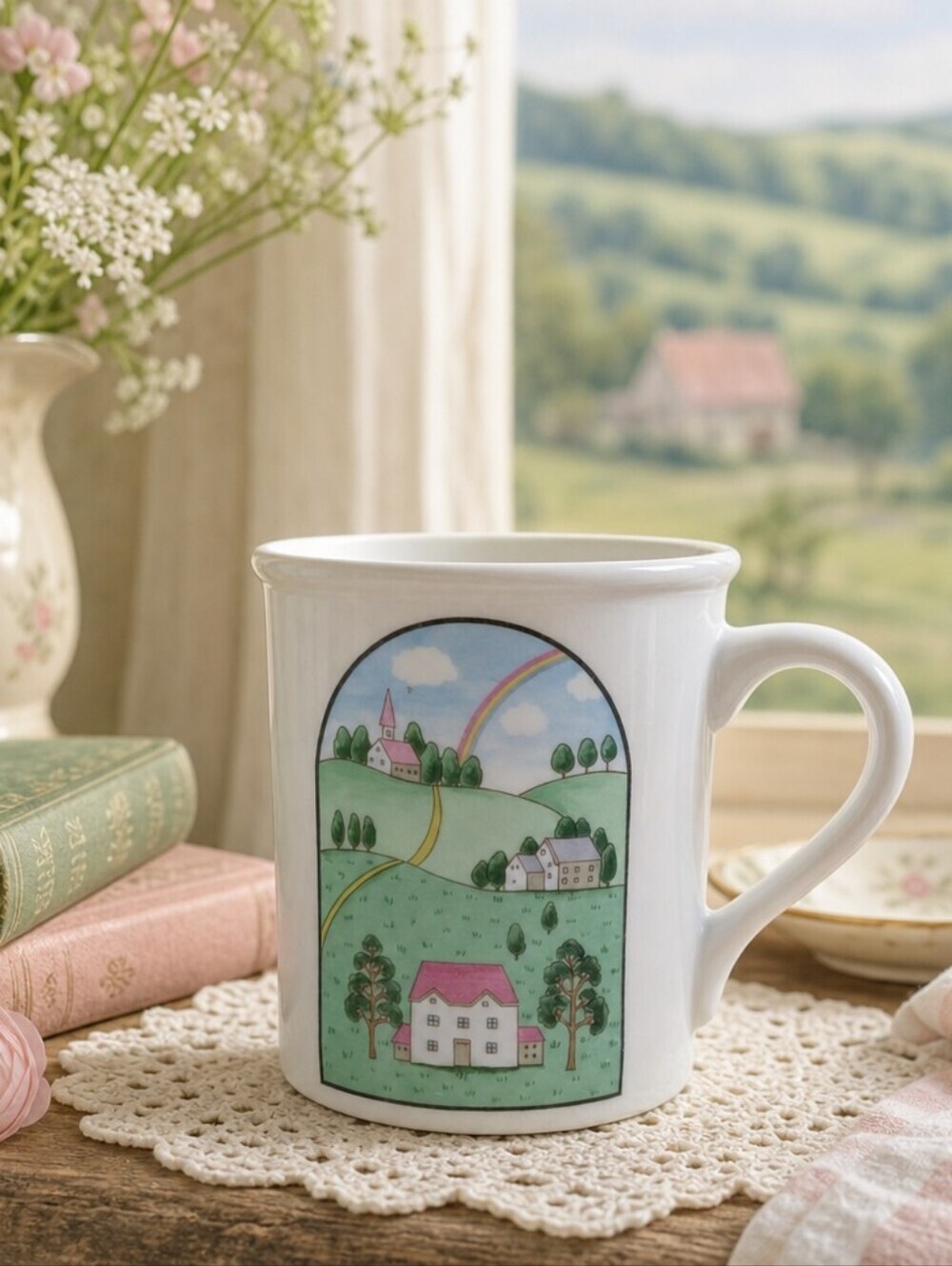 Country Seasons Giftcraft Japan Mug – Vintage Pastoral Rainbow Design